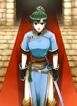  black_gloves breasts cowboy_shot delsaber dress earrings fingerless_gloves fire_emblem fire_emblem:_rekka_no_ken gloves green_eyes green_hair jewelry katana long_hair looking_at_viewer lyndis_(fire_emblem) medium_breasts open_mouth pelvic_curtain ponytail red_carpet sash scabbard sheath sheathed short_sleeves solo stone_floor sword very_long_hair weapon 