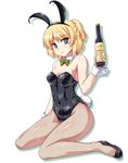  alcohol alternate_costume animal_ears bangs bare_shoulders black_leotard blonde_hair blush bow bowtie breasts bunny_girl bunny_tail bunnysuit cleavage closed_mouth commentary_request covered_navel derivative_work detached_collar fake_animal_ears fishnet_pantyhose fishnets full_body green_bow green_eyes green_neckwear hairband isaki_(gomi) leotard looking_at_viewer mizuhashi_parsee ootsuki_wataru pantyhose pointy_ears short_ponytail sitting small_breasts solo tail touhou wine wrist_cuffs 