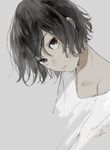  bangs black_hair brown_eyes character_request close-up closed_mouth commentary_request dated eyebrows_visible_through_hair grey_background head_tilt highres looking_at_viewer off_shoulder sako_(user_ndpz5754) shirt short_hair signature simple_background solo white_shirt 