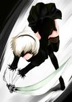  1girl back_cutout blindfold breasts covered_navel erect_nipples fengya from_above gloves katana leotard medium_breasts nier_(series) nier_automata short_hair solo sword thighhighs thighs weapon white_hair yorha_no._2_type_b zettai_ryouiki 