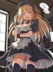  :d alternate_costume apron ass_visible_through_thighs bismarck_(kantai_collection) black_dress black_legwear blonde_hair bow bowtie breasts cat cleavage corset detached_collar dress enmaided german green_eyes hair_ribbon holding indoors iron_cross kantai_collection large_breasts long_hair looking_at_viewer maid maid_headdress mop oota_yuuichi open_mouth panties pantyshot pantyshot_(standing) puffy_short_sleeves puffy_sleeves red_bow red_neckwear red_ribbon ribbon short_sleeves smile solo speech_bubble standing thighhighs translated underwear unsinkable_sam waist_apron white_panties window wrist_cuffs 