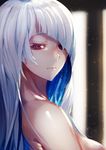  bare_shoulders blurry brynhildr_(fate) closed_mouth commentary depth_of_field fate/prototype fate/prototype:_fragments_of_blue_and_silver fate_(series) from_side hair_over_one_eye huihui_(d0250028020) long_hair looking_at_viewer looking_to_the_side portrait purple_eyes silver_hair solo 