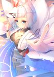  animal_ears azur_lane black_wristband blue_eyes blurry blush breasts cleavage depth_of_field evening eyebrows_visible_through_hair foreshortening fox_ears fox_mask fox_tail highres holding holding_mask japanese_clothes kaga_(azur_lane) kyuubi large_breasts light_smile looking_at_viewer mask miniskirt multiple_tails ocean outdoors palms pleated_skirt short_hair skirt sky solo standing tail tatapopo white_hair wide_sleeves wristband 