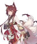  1girl animal_ears brown_hair charm_(object) closed_mouth commentary_request fang fangdan_runiu fox_ears fox_tail girls_frontline hair_ornament hairclip japanese_clothes kitsune long_hair long_sleeves looking_away obi orange_eyes red_ribbon ribbon sash sidelocks simple_background sleeves_past_fingers sleeves_past_wrists smile solo standing tail talisman type_79_(girls_frontline) very_long_hair white_background 
