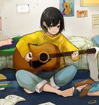  bangs barefoot bed bed_sheet black_hair blue_pants book book_stack closed_mouth clothes_removed cushion eyebrows_visible_through_hair guitar highres holding holding_instrument hood hood_down hoodie indian_style indoors instrument long_sleeves music on_floor open_book original pants playing_instrument poster_(object) sako_(user_ndpz5754) sitting smile socks_removed solo toenail_polish yellow_hoodie 