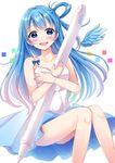  :d bangs bare_arms bare_shoulders blue_bow blue_dress blue_eyes blue_hair blue_nails blue_wings blush bow bracelet collarbone commentary_request dress eyebrows_visible_through_hair feathered_wings fingernails gradient_dress jewelry leaning_to_the_side long_hair nail_polish open_mouth original oversized_object pixiv pixiv-tan sakura_hiyori simple_background single_wing sitting sleeveless sleeveless_dress smile solo stylus sundress tareme white_background white_dress wings 