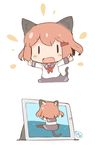  animal_ears blue_skirt blush_stickers brown_hair cat_ears cat_tail chibi comic commentary_request fake_animal_ears fang hair_ornament hairclip hanomido highres ikazuchi_(kantai_collection) ipad kantai_collection long_sleeves minigirl neckerchief open_mouth red_neckwear school_uniform serafuku short_hair simple_background skirt solid_eyes tablet_pc tail tape white_background |_| 