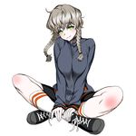  :3 amane_suzuha bike_shorts braid breasts brown_hair cross-laced_footwear fetishist green_eyes indian_style jacket long_sleeves looking_at_viewer medium_breasts shoes short_hair simple_background sitting smile sneakers socks solo steins;gate turtleneck twin_braids white_background 