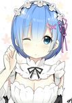  :o apron artist_name blue_eyes blue_hair bob_cut detached_collar detached_sleeves eyebrows eyebrows_visible_through_hair hair_ornament hair_ribbon highres maid maid_apron maid_headdress one_eye_closed re:zero_kara_hajimeru_isekai_seikatsu rem_(re:zero) ribbon shiny shiny_hair short_hair sky_(freedom) solo tareme upper_body x_hair_ornament 