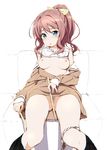  akata_itsuki bang_dream! black_legwear blue_eyes blush bow bra bra_lift breasts brown_hair covering covering_crotch drumsticks hair_bow hanasakigawa_school_uniform highres long_hair long_sleeves looking_at_viewer nipples off_shoulder open_mouth panties panties_around_one_leg panties_removed partially_undressed ponytail pubic_hair school_uniform sitting sleeves_past_wrists small_breasts socks solo underwear white_bra white_panties yamabuki_saaya 