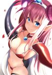  armor bangs bikini bikini_armor black_legwear blue_eyes blurry blush breasts cape cleavage closed_mouth collarbone depth_of_field dragon_tail elizabeth_bathory_(brave)_(fate) elizabeth_bathory_(fate)_(all) eyebrows_visible_through_hair fate/extra fate/extra_ccc fate/grand_order fate_(series) from_above from_side hair_between_eyes horns long_hair looking_at_viewer maosame medium_breasts pointy_ears purple_hair red_armor red_bikini sidelocks silver_trim simple_background smile solo swimsuit tail thighhighs white_background white_cape 