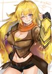  ;d artist_name belt breasts cleavage fingerless_gloves gauntlets gloves highres isshiki_(ffmania7) large_breasts long_hair looking_at_viewer navel one_eye_closed open_mouth orange_scarf rwby scarf shorts simple_background smile solo teeth white_background yang_xiao_long 