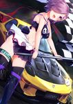  bangs boots breasts car checkered checkered_flag fate/grand_order fate_(series) flag gedou_(shigure_seishin) ground_vehicle hair_over_one_eye highres looking_at_viewer mash_kyrielight mazda_rx-7 medium_breasts midriff motor_vehicle navel open_mouth purple_eyes purple_hair race_queen short_hair skirt solo thigh_boots thighhighs 