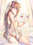 animal animal_on_arm backlighting bangs bare_shoulders between_legs blue_eyes bow bowtie breasts bridal_veil choker cleavage commentary_request curtains dress ermine fal_(girls_frontline) flower flush girls_frontline gloves hair_flower hair_ornament hair_up hand_between_legs indoors jewelry long_hair looking_at_viewer medium_breasts miamuly necklace pendant ponytail ring short_dress single_thighhigh sitting sleeveless smile solo thigh_strap thighhighs tiara veil very_long_hair wariza wedding_dress white_dress white_gloves window 