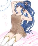  adjusting_hair arms_up blue_eyes blue_hair boots breasts fire_emblem fire_emblem:_seima_no_kouseki long_hair looking_at_viewer medium_breasts nightgown open_mouth ponytail sidelocks sitting sleeveless solo tana techitoni thigh_boots thighhighs tying_hair white_legwear zettai_ryouiki 