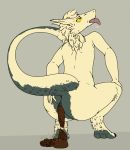  3_toes anthro anus biped butt claws crouching eproc-the-philius eyebrows feces fur hair humanoid_hands nude pooping raised_tail rear_view saliva saliva_string scat sergal simple_background solo stink_lines toe_claws toes tongue tongue_out 
