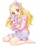  :d aikatsu! aikatsu!_(series) bangs_pinned_back bare_legs barefoot blonde_hair blue_dress blush bow dress frilled_dress frills full_body hair_bow hairband highres holding holding_stuffed_animal hoshimiya_ichigo jacket long_hair long_sleeves looking_at_viewer object_hug open_mouth pink_eyes pink_jacket seiza sekina simple_background sitting smile solo stuffed_animal stuffed_toy teddy_bear white_background 