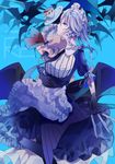  absurdres bat black_gloves blue_eyes braid chocolate_(jitong) cup gloves highres izayoi_sakuya knife looking_to_the_side maid maid_headdress multiple_girls remilia_scarlet saucer silver_hair standing teacup throwing_knife touhou twin_braids weapon white_hair 