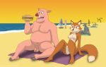  2018 anthro balls beach breasts burger canid canine chunk_(spark) domestic_pig emperorstarscream female food fox fur mammal nipples nude nude_beach open_mouth orange_fur orange_tail penis pussy sea seaside sitting smile spark_a_space_tail_(film) suid suina sus_(pig) vix vix_(spark) water wild_boar 