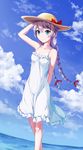  bare_shoulders benghuai_xueyuan blue_eyes cloud day dress frills hair_ornament hair_ribbon hairclip hand_on_headwear hat hat_ribbon highres honkai_impact kiana_kaslana long_hair looking_at_viewer ocean red_ribbon ribbon shibanme_tekikumo silver_hair sky smile solo sun_hat sundress very_long_hair 