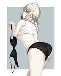  ahoge arched_back ass black_bra bra braid breasts fate/grand_order fate_(series) from_behind highres holding holding_bra jeanne_d'arc_(alter)_(fate) jeanne_d'arc_(fate)_(all) long_braid long_hair looking_at_viewer looking_back medium_breasts mouth_hold niii_(memstapak) shirt shirt_lift sideboob silver_eyes silver_hair single_braid sleeveless sleeveless_shirt solo underwear white_shirt white_skin 