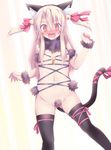  @_@ akina_t alternate_costume animal_ears ass_visible_through_thighs bell black_hairband black_legwear blonde_hair blush cat_ears cat_tail commentary_request cosplay dangerous_beast embarrassed eyebrows_visible_through_hair fake_animal_ears fate/grand_order fate/kaleid_liner_prisma_illya fate_(series) flat_chest hair_bell hair_between_eyes hair_censor hair_ornament hairband highres illyasviel_von_einzbern jingle_bell legs_apart long_hair looking_at_viewer navel nose_blush open_mouth red_eyes revealing_clothes solo standing stomach tail tareme thighhighs two_side_up wavy_mouth yellow_background 