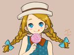  :q aqua_ribbon bare_shoulders blonde_hair blue_shirt blush braid brown_background candy closed_mouth commentary dated eyebrows_visible_through_hair food hair_ribbon hat highres holding_lollipop lollipop long_hair looking_at_viewer polka_dot polka_dot_shirt ribbon sako_(user_ndpz5754) shirt signature simple_background smile solo tongue tongue_out tress_ribbon twin_braids 