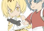  animal_ears backpack bag blonde_hair blue_eyes blue_hair elbow_gloves fur_collar gloves high-waist_skirt kaban_(kemono_friends) kemono_friends kohige multiple_girls print_gloves print_neckwear print_skirt red_shirt serval_(kemono_friends) serval_ears serval_print serval_tail shirt short_hair skirt sleeveless sleeveless_shirt smile tail watch wristwatch writing yellow_eyes 