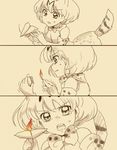  3koma :o angry attacking_viewer bangs bare_shoulders bow bowtie comic commentary crying crying_with_eyes_open d: elbow_gloves eyebrows_visible_through_hair fire gloves highres kemono_friends looking_at_viewer matches monochrome open_mouth paper_airplane parted_lips ranyui_(yupipipi) serval_(kemono_friends) serval_print shirt short_hair simple_background spot_color striped_tail sweat tail tears trembling v-shaped_eyebrows 