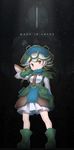  1girl bondrewd boots commentary copyright_name full_body gloves green_hair hat highres looking_at_viewer made_in_abyss meinya_(made_in_abyss) necktie persocon93 pouch prushka red_eyes smile standing white_hair 