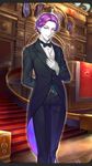  arm_behind_back black_bow black_neckwear black_pants blue_eyes bow bowtie collared_shirt fate/grand_order fate_(series) gloves heroic_spirit_formal_dress looking_at_viewer male_focus mephistopheles_(fate/grand_order) official_art pants pointy_ears purple_hair shirt simosi smile solo stairs tapestry tuxedo white_gloves white_skin 