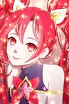  1girl alternate_costume alternate_hair_color alternate_hairstyle bare_shoulders hair_ornament jinx_(league_of_legends) league_of_legends long_hair magical_girl red_bow red_bowtie red_eyes red_hair star_guardian_jinx tied_hair twintails very_long_hair 