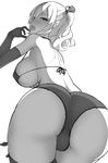  ass blush bra breasts commentary_request elbow_gloves eyebrows_visible_through_hair finger_to_mouth frilled_panties frills from_behind gloves greyscale hair_ribbon kantai_collection kashima_(kantai_collection) large_breasts long_hair looking_at_viewer looking_back monochrome panties ribbon samegami simple_background sketch solo thighhighs tongue twintails underwear wavy_hair white_background 