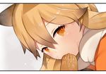  aburaage animal_ears blonde_hair eating ezo_red_fox_(kemono_friends) food food_in_mouth fox_ears jacket kemono_friends long_hair looking_at_viewer nekotewi orange_eyes sexually_suggestive solo sweat 