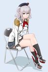  black_legwear blue_background blue_eyes breasts chair closed_mouth crossed_legs epaulettes eyebrows_visible_through_hair folding_chair frill_trim full_body gloves grey_hair hair_between_eyes hat high_heels kantai_collection kashima_(kantai_collection) leaning_forward legs medium_breasts miniskirt ojipon simple_background sitting skirt socks solo twintails white_gloves 