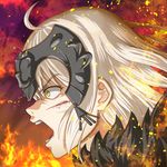  ahoge angry azumajin blonde_hair blood blood_on_face embers eyebrows_visible_through_hair fate/grand_order fate_(series) headpiece highres jeanne_d'arc_(alter)_(fate) jeanne_d'arc_(fate)_(all) open_mouth solo teeth tongue yellow_eyes 