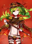  :3 androgynous bangs belt black_cape black_capelet black_choker black_hat black_legwear blunt_ends bracelet brown_shorts buckle cape capelet choker closed_mouth commentary_request cowboy_shot crop_top eliot_(shironeko_project) epaulettes eyepatch garters gloves gold_trim green_eyes green_hair groin half-closed_eye hands_up hat high_collar holding insignia jewelry light_smile lock long_hair long_sleeves looking_at_viewer male_focus midriff mole mole_under_mouth multicolored multicolored_eyes multiple_belts navel ocha_(ebitiri62) one_eye_covered orange_eyes otoko_no_ko parted_bangs peaked_cap petite ponytail print_cape red_background shironeko_project short_shorts shorts sidelocks simple_background sleeve_cuffs slit_pupils solo spiked_bracelet spiked_knuckles spikes standing stomach suspender_shorts suspenders tassel thighhighs weapon weapon_request white_belt white_gloves wing_collar 