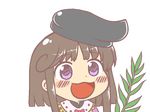  :3 :d bangs black_hat blush bow branch brown_hair chibi dot_nose gyate_gyate hat ikiyouz leaf nishida_satono open_mouth portrait purple_eyes red_bow short_hair_with_long_locks smile solo tate_eboshi touhou transparent_background v-shaped_eyebrows 