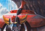  70s bertrand_hottin canopy cave cloud cockpit commentary damaged dirty duke_fleed glowing glowing_eyes grendizer head helmet hiding horns ice mecha official_style oldschool pilot pilot_suit realistic scan science_fiction signature size_difference snow space_craft spacesuit spikes standing super_robot traditional_media ufo_robo_grendizer watercolor_pencil_(medium) 