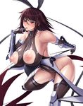  1girl :d aoi_nagisa_(artist) aoi_nagisa_(metalder) arm_guards armor bangs bare_shoulders black_hair blush breast_hold breasts brown_hair cleavage collarbone covered_navel crossed_arms curvy elbow_gloves erect_nipples female finger_to_mouth from_side gloves grey_gloves grey_legwear hair_between_eyes hair_ribbon halterneck hand_on_hip hand_up highleg highleg_leotard highres huge_breasts impossible_clothes impossible_leotard leotard leotard_pull lilith-soft lipstick looking_at_viewer makeup maroon_hair mature mizuki_shiranui naughty_face nipples no_bra official_art open_mouth parted_lips pink_lipstick puffy_nipples red_eyes ribbon see-through shiny shiny_clothes shiny_skin short_hair simple_background skin_tight smile solo standing taimanin_(series) taimanin_asagi taimanin_asagi_battle_arena taimanin_yukikaze thighhighs thighs thong_leotard turtleneck vambraces white_background 