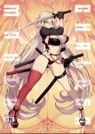  1girl ahoge bikini black_bikini black_choker black_gloves black_jacket breasts choker cleavage clenched_teeth commentary cover cover_page cropped_jacket doujin_cover fate/grand_order fate_(series) fishine gloves gluteal_fold jacket jeanne_d&#039;arc_(alter_swimsuit_berserker) jeanne_d&#039;arc_(fate)_(all) katana large_breasts long_hair midriff multiple_views navel o-ring o-ring_bikini o-ring_bottom o-ring_top orange_background red_legwear sheath shrug_(clothing) silver_hair single_thighhigh swimsuit sword teeth thigh_strap thighhighs weapon yellow_eyes 