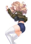  ass blonde_hair blush breasts closed_eyes covered_nipples girls_und_panzer highres jacket kay_(girls_und_panzer) large_breasts military military_uniform nakamura_remu open_mouth saunders_military_uniform short_shorts shorts sleeping solo tank_top thighhighs uniform white_legwear 