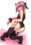  :d anus ass astolfo_(fate) back black_legwear blush braid covered_nipples fang fate/apocrypha fate_(series) flaccid foreskin highres kneeling long_hair looking_at_viewer male_focus one-piece_swimsuit open_mouth otoko_no_ko panbai penis pink_eyes pink_hair revision smile solo swimsuit testicles thighhighs 