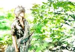  acaco collarbone day gintama hadanugi_dousa hair_between_eyes japanese_clothes kimono long_sleeves male_focus outdoors sakata_gintoki sheath sheathed short_sleeves silver_hair solo standing sunlight sword tree weapon 