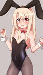  :o animal_ears bangs black_legwear black_leotard blush bow bowtie breasts bunny_ears bunnysuit chawan_(yultutari) covered_navel cowboy_shot detached_collar embarrassed eyebrows_visible_through_hair fake_animal_ears fate/kaleid_liner_prisma_illya fate_(series) feathers flying_sweatdrops grey_background hair_feathers highres illyasviel_von_einzbern leotard long_hair looking_at_viewer open_mouth pantyhose red_bow red_eyes red_neckwear simple_background small_breasts solo standing strapless strapless_leotard tearing_up v-shaped_eyebrows w_arms white_hair wrist_cuffs 