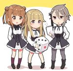  &gt;:) :d ange_(princess_principal) arms_behind_back bangs beatrice_(princess_principal) black_legwear black_ribbon blonde_hair blue_eyes blunt_bangs blush boots braid brown_eyes brown_footwear brown_hair chibi closed_mouth dice double_bun eyebrows_visible_through_hair full_body fume hair_between_eyes hair_flaps hair_ribbon hand_on_hip high-waist_skirt highres holding holding_paper kneehighs loafers long_sleeves looking_at_another maroon_legwear multiple_girls neck_ribbon open_mouth pantyhose paper princess_(princess_principal) princess_principal ribbon school_uniform shirt shoes skirt smile sorimachi-doufu standing v-shaped_eyebrows white_background white_shirt 