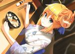  ahoge artoria_pendragon_(all) blonde_hair blush bowl breasts chopsticks closed_mouth commentary_request damao_yu dutch_angle eating eyebrows_visible_through_hair fate/grand_order fate/stay_night fate_(series) floral_print food food_on_face food_request fujimaru_ritsuka_(female) green_eyes hair_bun holding holding_chopsticks japanese_clothes kimono looking_at_viewer mask mask_on_head medium_breasts nabe napkin pepper_shaker riyo_(lyomsnpmp)_(style) saber salt_shaker shiny shiny_hair sitting solo wide_sleeves 