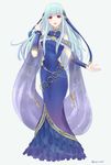  alternate_color bare_shoulders blue_hair cape dress fire_emblem fire_emblem:_rekka_no_ken fire_emblem_heroes full_body hair_ornament kazame long_hair looking_at_viewer mamkute ninian red_eyes solo 