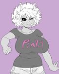  ;p alternate_breast_size ashido_mina black_sclera blush boku_no_hero_academia bra_strap breasts casual cibastion denim denim_shorts greyscale horns huge_breasts looking_at_viewer monochrome one_eye_closed purple_background short_hair short_sleeves shorts simple_background solo tongue tongue_out 