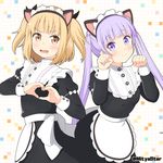  alternate_costume animal_ears bangs blonde_hair blunt_bangs blush brown_eyes cat_ears claw_pose enmaided eyebrows_visible_through_hair fake_animal_ears iijima_yun long_hair looking_at_viewer maid maid_headdress miicha moe_moe_kyun! multiple_girls new_game! open_mouth purple_eyes purple_hair short_hair smile suzukaze_aoba twintails twitter_username two_side_up 